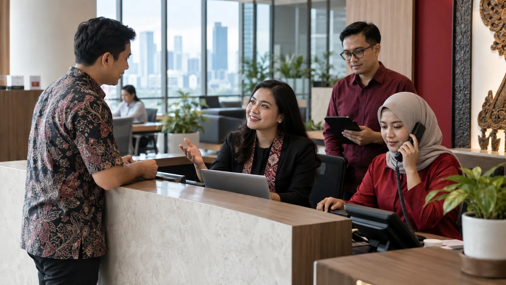 Ilustrasi foto realistis tim komunikasi yang melayani pertanyaan masyarakat di kantor modern
