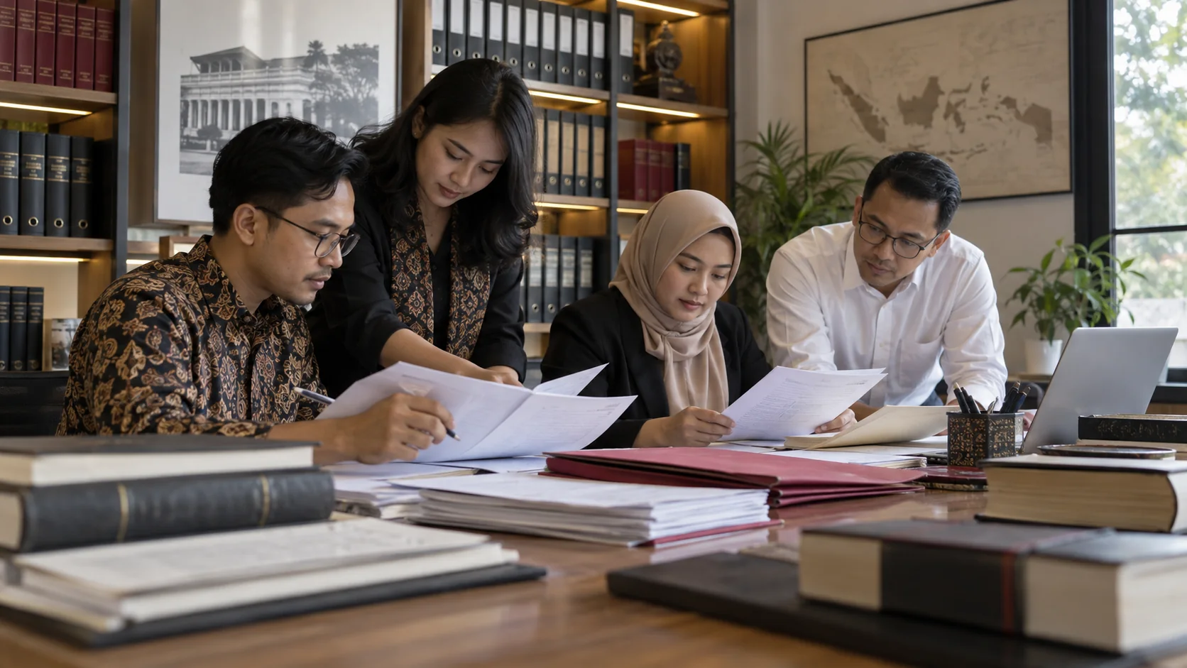 Ilustrasi foto realistis tim peneliti menelaah dan mengelola dokumen organisasi